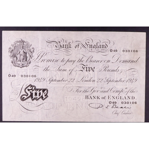 9 - BANK NOTE Bank of England £5 black / white 1949 22nd September signed Beale, extremely fine with sma... 