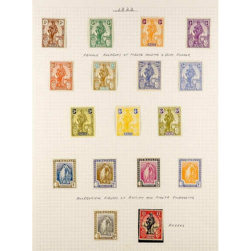 932 - MALTA 1914 - 1930 MINT COLLECTION on album pages, note 1914-1922 values to 2s, 5s, 10s, 1922 'Self-G... 