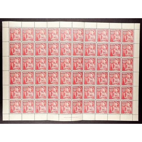 937 - MALTA 1938-43 6 complete sheets 60 of the ½d green SG 218, 1½d scarlet SG 220, 2d slate black (showi... 