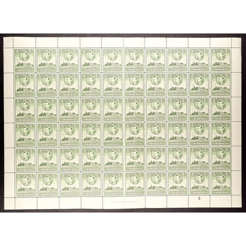 937 - MALTA 1938-43 6 complete sheets 60 of the ½d green SG 218, 1½d scarlet SG 220, 2d slate black (showi... 