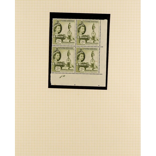 938 - MALTA 1953 - 1970 SPECIALISED COLLECTION annotated in 2 albums, many varieties in positional blocks,... 