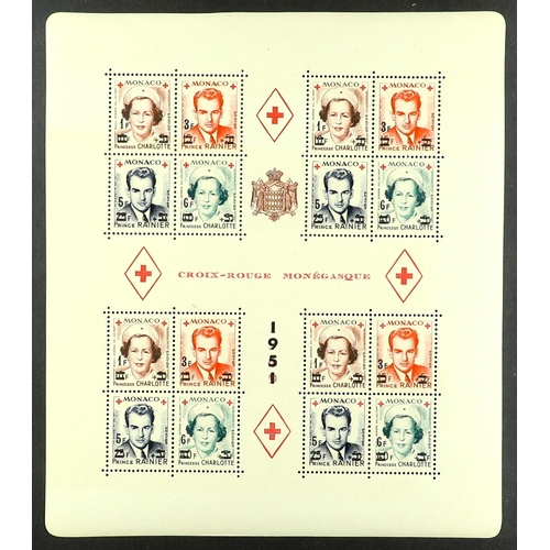 962 - MONACO 1951 Red Cross surcharges perf & imperf miniature sheets, SG MS458/59 (Yvert Blocks 4A/4B), n... 