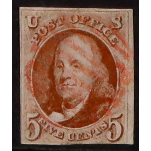 1366 - UNITED STATES 1847 5c red-brown Franklin (Scott 1, SG 1), used with red cancel, 3 margins, small fau... 