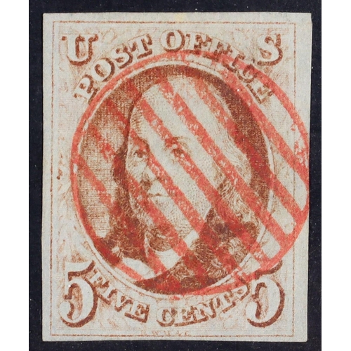 1367 - UNITED STATES 1847 5c yellowish brown Franklin imperf, Scott 1d (SG 1e), very fine used with 4 good ... 