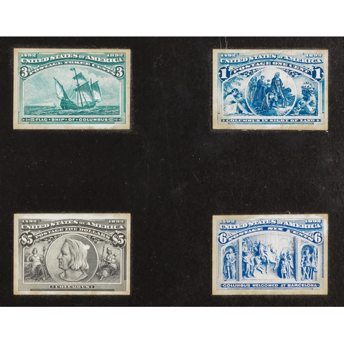 1373 - UNITED STATES 1893 Columbus IMPERF PLATE PROOFS on card set, Scott 230P4/245P4, affixed onto four ca... 