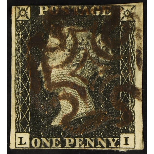 1481 - GB.PENNY BLACKS 1840 1d black 'L I' plate 6, used with BROWN Maltese Cross cancellation, 3 small to ... 