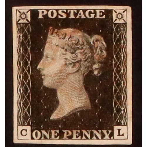 1487 - GB.PENNY BLACKS 1840 1d black 'CL' plate 6, SG 2, used with 4 margins & light red Maltese Cross canc... 