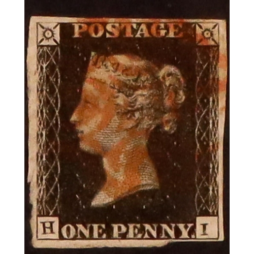 1488 - GB.PENNY BLACKS 1840 1d black 'H I' plate 5, SG 2, used with 4 margins & red MC cancellation. Lot 14... 