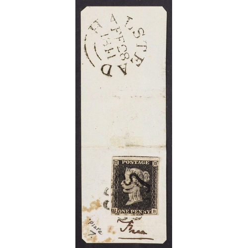 1489 - GB.PENNY BLACKS 1840 1d black 'HB' plate 7, SG 2, used with 4 good to huge neat margins, tied to pie... 