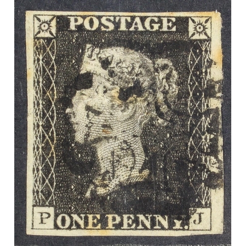 1491 - GB.PENNY BLACKS 1840 1d black ‘PJ’ plate 1b on thin paper, Spec AS4uf, used with 4 good / huge margi... 