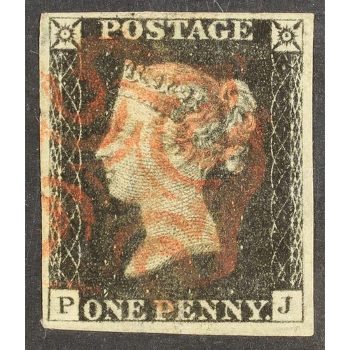 1492 - GB.PENNY BLACKS 1840 1d black ‘PJ’ plate 1b, SG 2, used with 4 margins cancelled red Maltese Cross. ... 