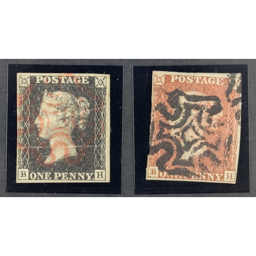 1523 - GB.PENNY BLACKS 1840 MATCHED PAIR. 1840 1d black ‘BH’ plate 5 and 1841 1d red-brown ‘BH’ plate 5, th... 