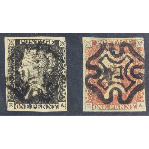 1524 - GB.PENNY BLACKS 1840 MATCHED PAIR. 1840 1d black ‘EA’ plate 10 and 1841 1d red-brown ‘EA’ plate 10, ... 