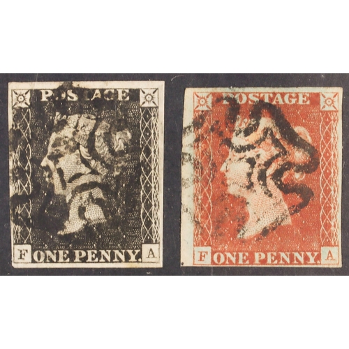 1526 - GB.PENNY BLACKS 1840/41 PLATE 11 MATCHED PAIR. 1840 1d greyish black 'FA' plate 11 and 1841 1d red-b... 