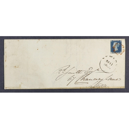 1532 - GB.QUEEN VICTORIA 1840 (11 Dec) EL from Newark to London bearing 2d blue ‘TI’ plate 1 with 4 clear t... 