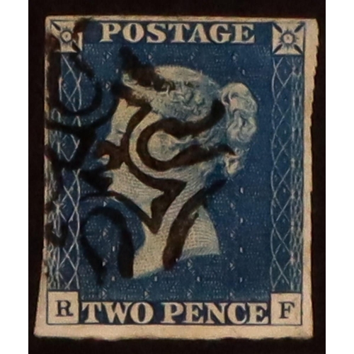 1539 - GB.QUEEN VICTORIA 1840 2d blue 'RF' plate 1 imperf cancelled by very fine '12' IN MALTESE CROSS with... 