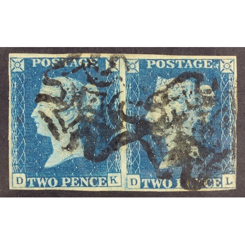 1542 - GB.QUEEN VICTORIA 1840 2d blue plate 2 'DK-DL', SG 5, used with 4 clear to good margins, black Malte... 