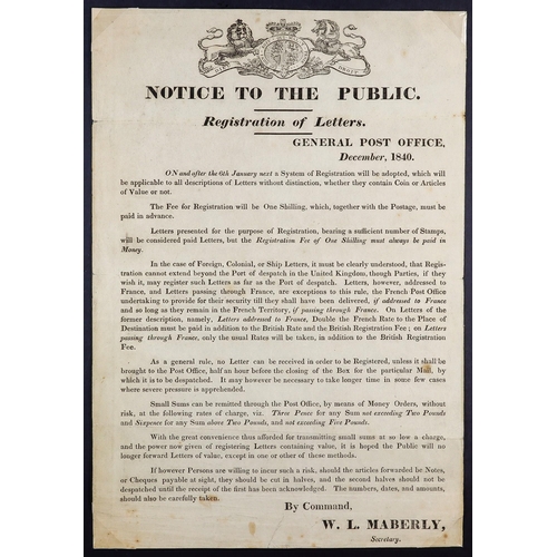 1546 - GB.QUEEN VICTORIA 1840 POSTAL NOTICE - REGISTRATION OF LETTERS. 1840, December postal notice announc... 