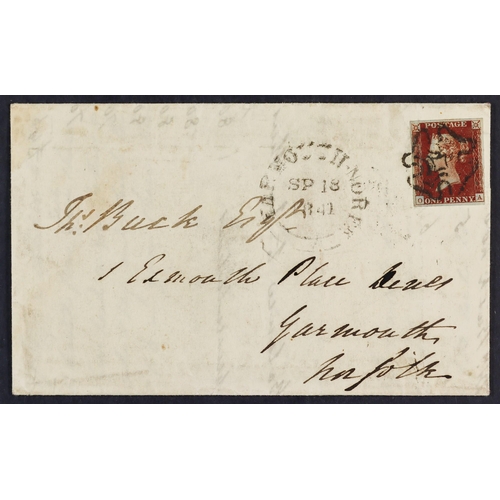 1550 - GB.QUEEN VICTORIA 1841 (16 Sept) EL from Uxbridge to Yarmouth, Norfolk bearing 1d red-brown 'OA' re-... 