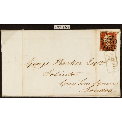 1570 - GB.QUEEN VICTORIA 1841 1d red-brown imperf plate 15 with 4 margins tied to part letter sheet by Malt... 