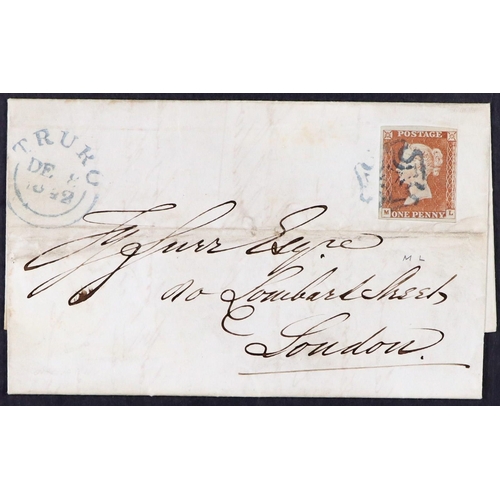 1603 - GB.QUEEN VICTORIA 1842 (8 Dec) EL from Truro to London bearing 1d red-brown imperf ('ML' plate 22) w... 