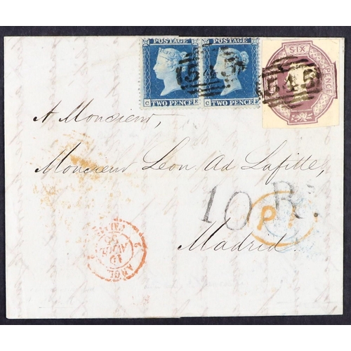 1622 - GB.QUEEN VICTORIA 1855 (7 Apr) EL from Newcastle on Tyne to Madrid bearing a beautiful franking of t... 