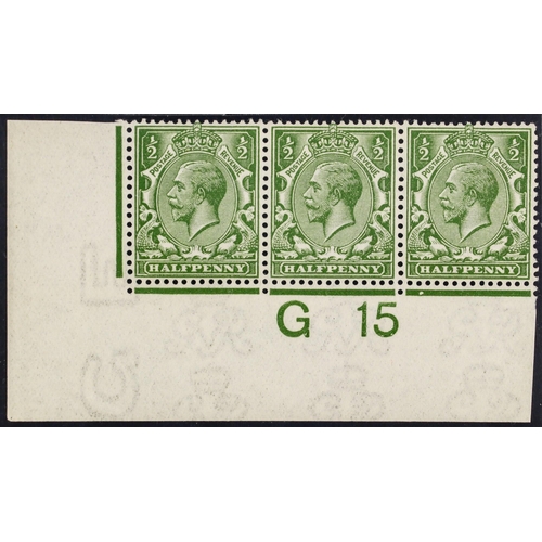 1708 - GB.GEORGE V 1912-24 ½d pale olive-green, Spec N14(13), control 'G 15' corner strip 3 mint, hinged in... 