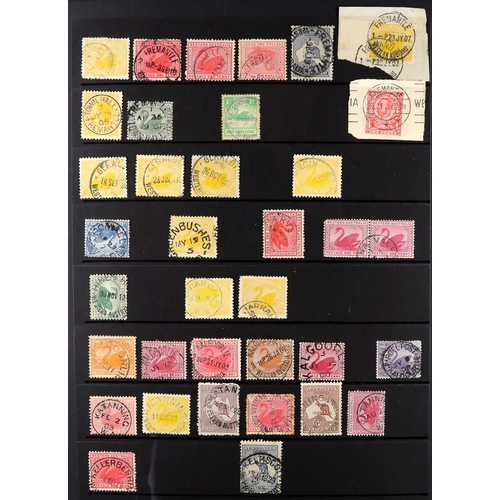 255 - AUSTRALIAN STATES WESTERN AUSTRALIA CANCELLATIONS. Very fine strikes on 150+ stamps arranged from Al... 