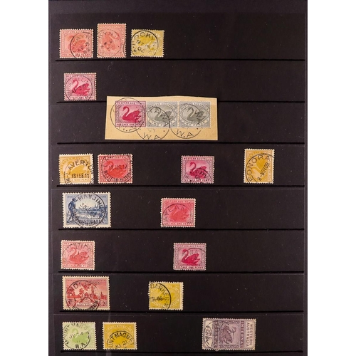 255 - AUSTRALIAN STATES WESTERN AUSTRALIA CANCELLATIONS. Very fine strikes on 150+ stamps arranged from Al... 