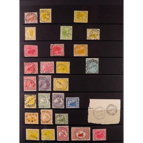 255 - AUSTRALIAN STATES WESTERN AUSTRALIA CANCELLATIONS. Very fine strikes on 150+ stamps arranged from Al... 