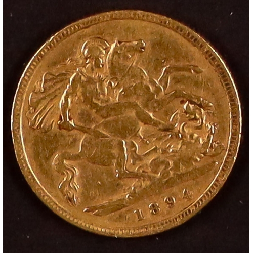 32 - GOLD HALF-SOVEREIGN 1894 half-sovereign 22ct gold coin, weight 3.99g. Lot 32 (P) [c]