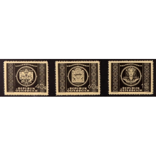 321 - AUSTRIA 1949 UPU Anniversary set of proofs in black on yellowish ungummed paper and perforated 14½, ... 