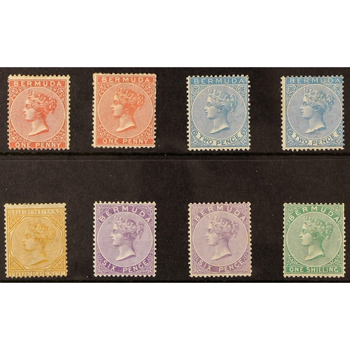 381 - BERMUDA 1865-1871 Wmk Crown CC, perf 14 set of mint values with some additional shades, includes 1d ... 