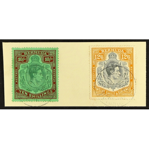 395 - BERMUDA 1937 10s and 12s6d first printings, SG 119 and 120, tied to piece by Hamilton 1938 cds cance... 