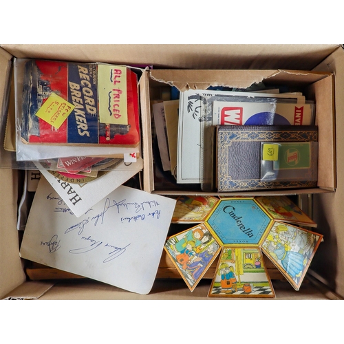 74 - THREE BOXES OF EPHEMERA AND COLLECTABLES. Includes beer mats, match box fronts, vintage greetings ca... 