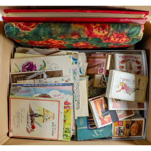 74 - THREE BOXES OF EPHEMERA AND COLLECTABLES. Includes beer mats, match box fronts, vintage greetings ca... 