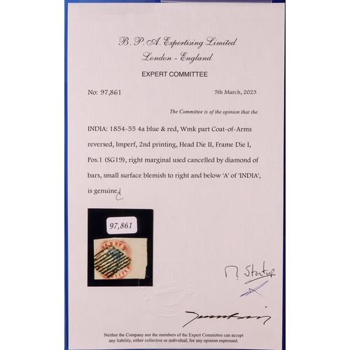 754 - INDIA 1854-55 4a blue and red imperf, 2nd printing, head II, frame I , SG 19, used with diamond of b... 