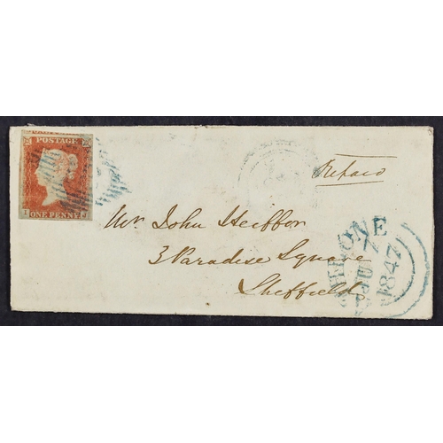 802 - IRELAND 1847 (7 Jun) ELS to Sheffield bearing 1d red-brown with 4 large margins tied by BLUE 