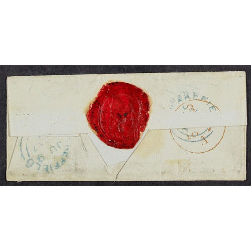 802 - IRELAND 1847 (7 Jun) ELS to Sheffield bearing 1d red-brown with 4 large margins tied by BLUE 