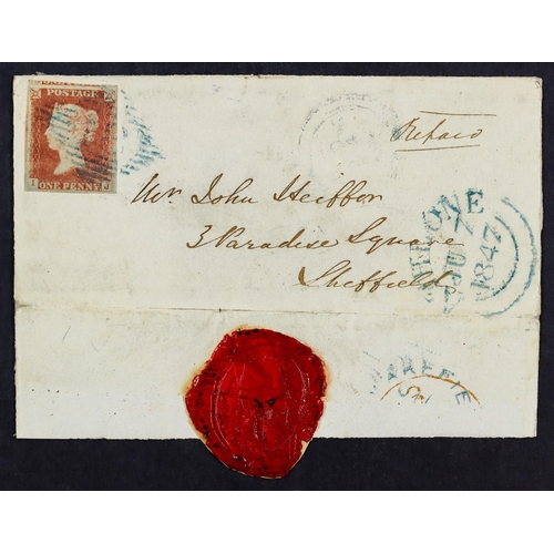 802 - IRELAND 1847 (7 Jun) ELS to Sheffield bearing 1d red-brown with 4 large margins tied by BLUE 