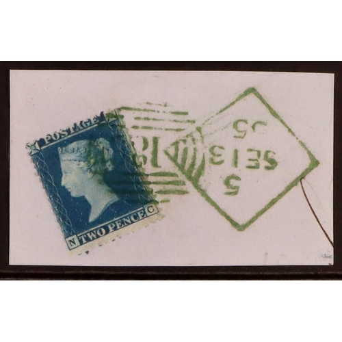 804 - IRELAND 1855 2d blue wmk Large Crown perf 14 (SG 34) tied to piece by superb bright green Dublin 'Sp... 