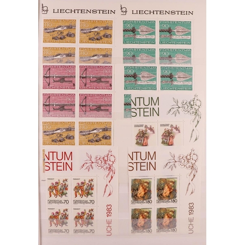 925 - LIECHTENSTEIN 1963-1980 BLOCKS OF FOUR Comprehensive never hinged mint collection in stockbook, very... 