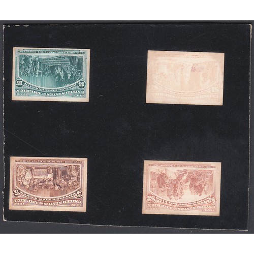 1373 - UNITED STATES 1893 Columbus IMPERF PLATE PROOFS on card set, Scott 230P4/245P4, affixed onto four ca... 