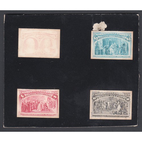 1373 - UNITED STATES 1893 Columbus IMPERF PLATE PROOFS on card set, Scott 230P4/245P4, affixed onto four ca... 