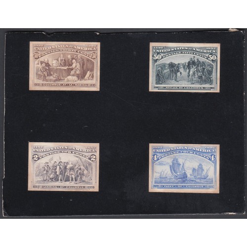 1373 - UNITED STATES 1893 Columbus IMPERF PLATE PROOFS on card set, Scott 230P4/245P4, affixed onto four ca... 