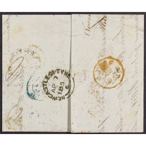 1622 - GB.QUEEN VICTORIA 1855 (7 Apr) EL from Newcastle on Tyne to Madrid bearing a beautiful franking of t... 