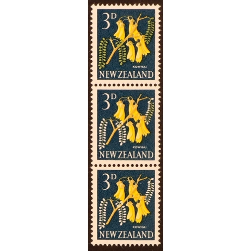 1356 - NEW ZEALAND 1960-66 3d Definitive, SG 785, never hinged min vertical STRIP of 3 - the bottom stamp w... 