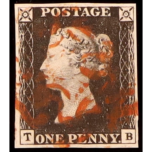 1958 - GB.PENNY BLACKS 1840 1d black 'TB' plate 4, SG 2, used with 4 margins & red MC cancellation. Lot 195... 