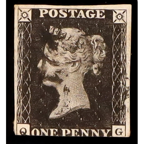 1959 - GB.PENNY BLACKS 1840 1d black 'QG' plate 10, SG 2, used with 3 margins & black MC cancel. Cat £950. ... 