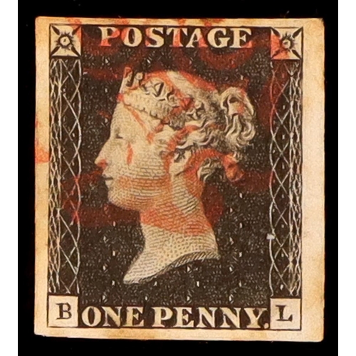 1960 - GB.PENNY BLACKS 1840 1d black 'BL' plate 1b, SG 2, used with 4 large / huge margins & red MC cancell... 